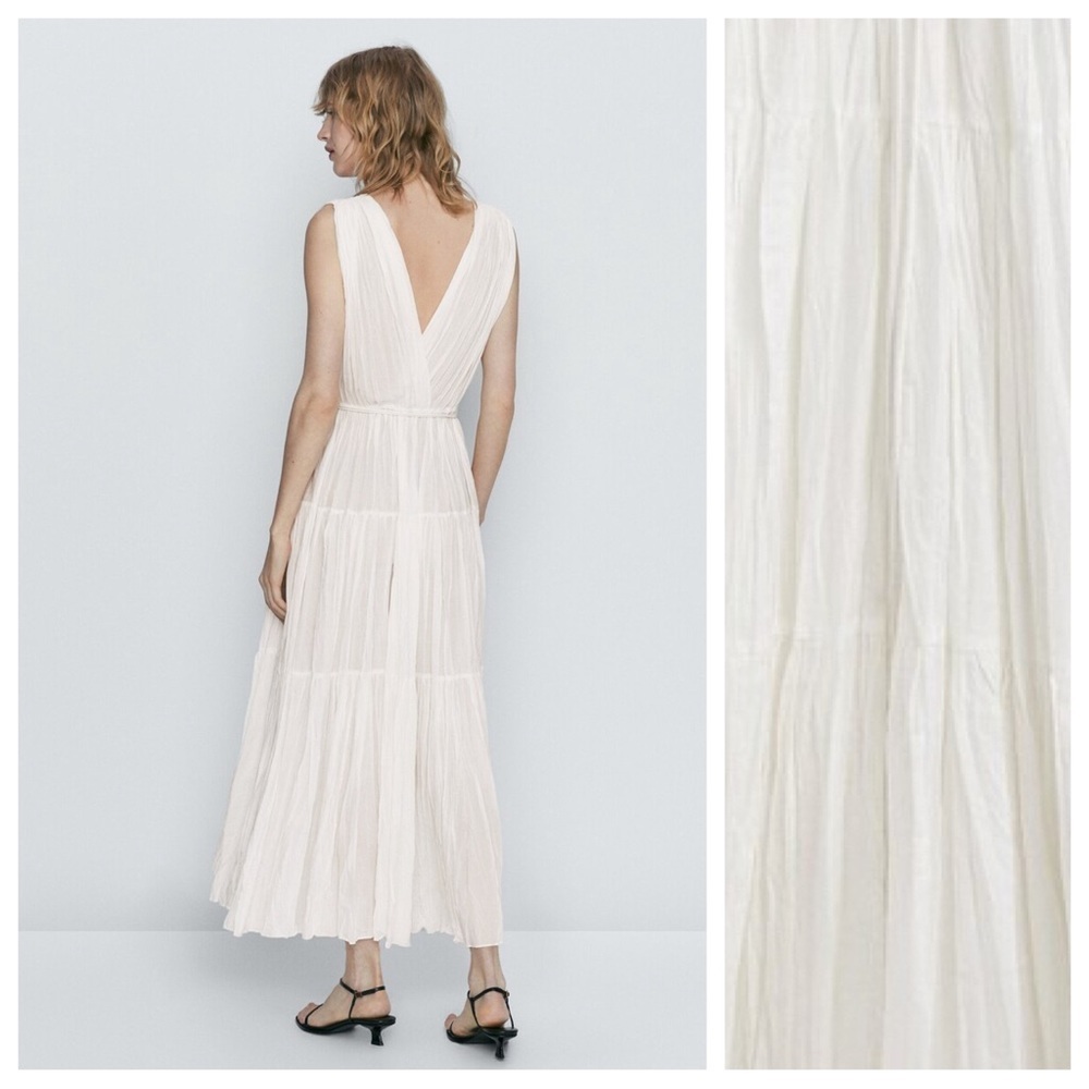 NWT. Massimo Dutti White 100% Cotton Pleated Midi Dress with Drawstring. Size L. - Picture 4 of 12